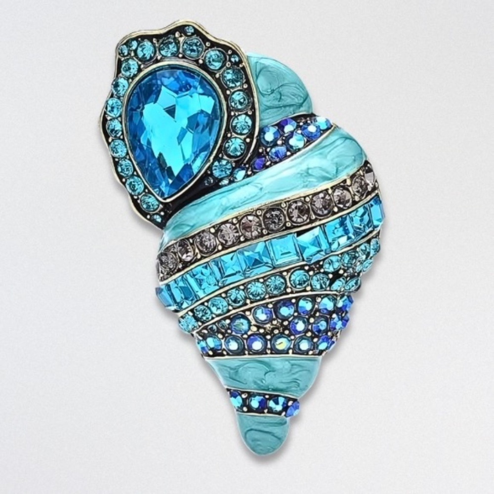 Handcrafted Sparkly Round Crystal Seashell Brooch Pin Pear-Cut Blue Green OS NWT